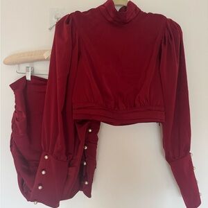 Camila Coelho Red Satin Two-Piece Set (Top + Ruched Skirt) - Perfect party/NYE